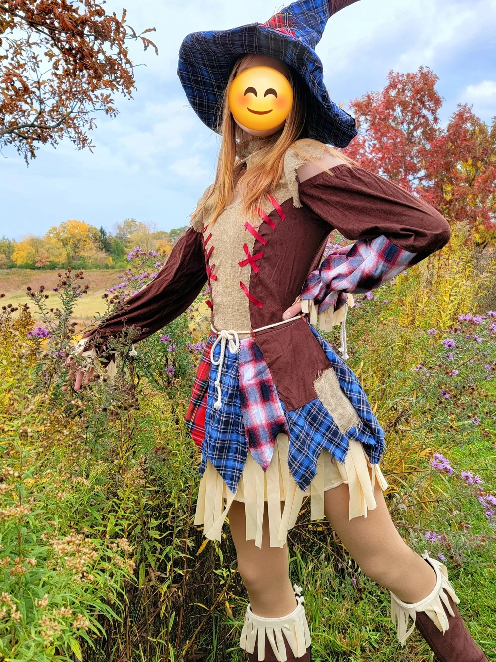 Girls Scarecrow Costume with Patchwork Skirt and Hat.